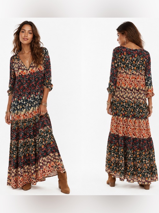 Grace & Lace Dresses & Skirts - Grace & Lace Floral Sundress Maxi Dress Blue Black Bishop Sleeve